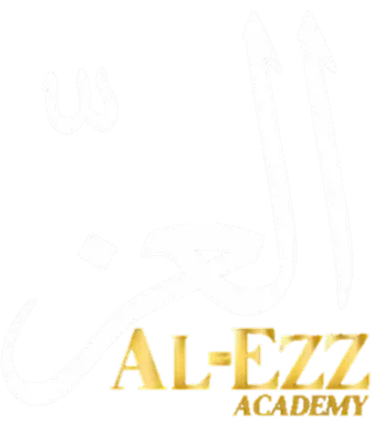 White Arabic calligraphy above golden text reading 'AL-EZZ ACADEMY' on a transparent background.