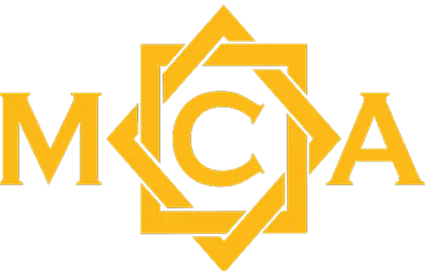 MCBA logo with stylized yellow letters and geometric shapes on black background.