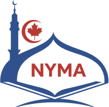 Logo featuring a blue mosque outline with a minaret, a red crescent enclosing a red maple leaf, and red letters NYMA below the crescent.