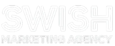 Swish Marketing Agency logo with stylized text on a black background.