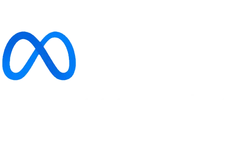 Meta Platforms Inc. logo with a blue infinity-shaped symbol to the left of the word 'Meta' in white text on a black background.