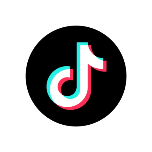 TikTok logo with a stylized musical note in white, outlined with cyan and red neon colors on a black background.