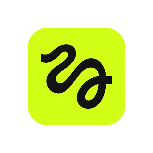 Black abstract curved line symbol resembling a stylized letter S or snake on a bright lime green rounded square background.