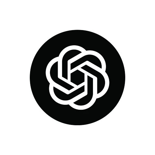 White interlocking geometric logo forming a symmetrical hexagonal shape on a black circular background.