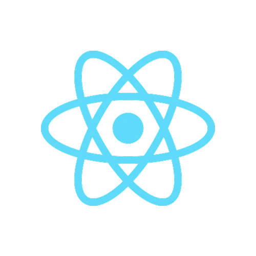 Blue React logo symbol with three elliptical orbits around a central circle on a black background.