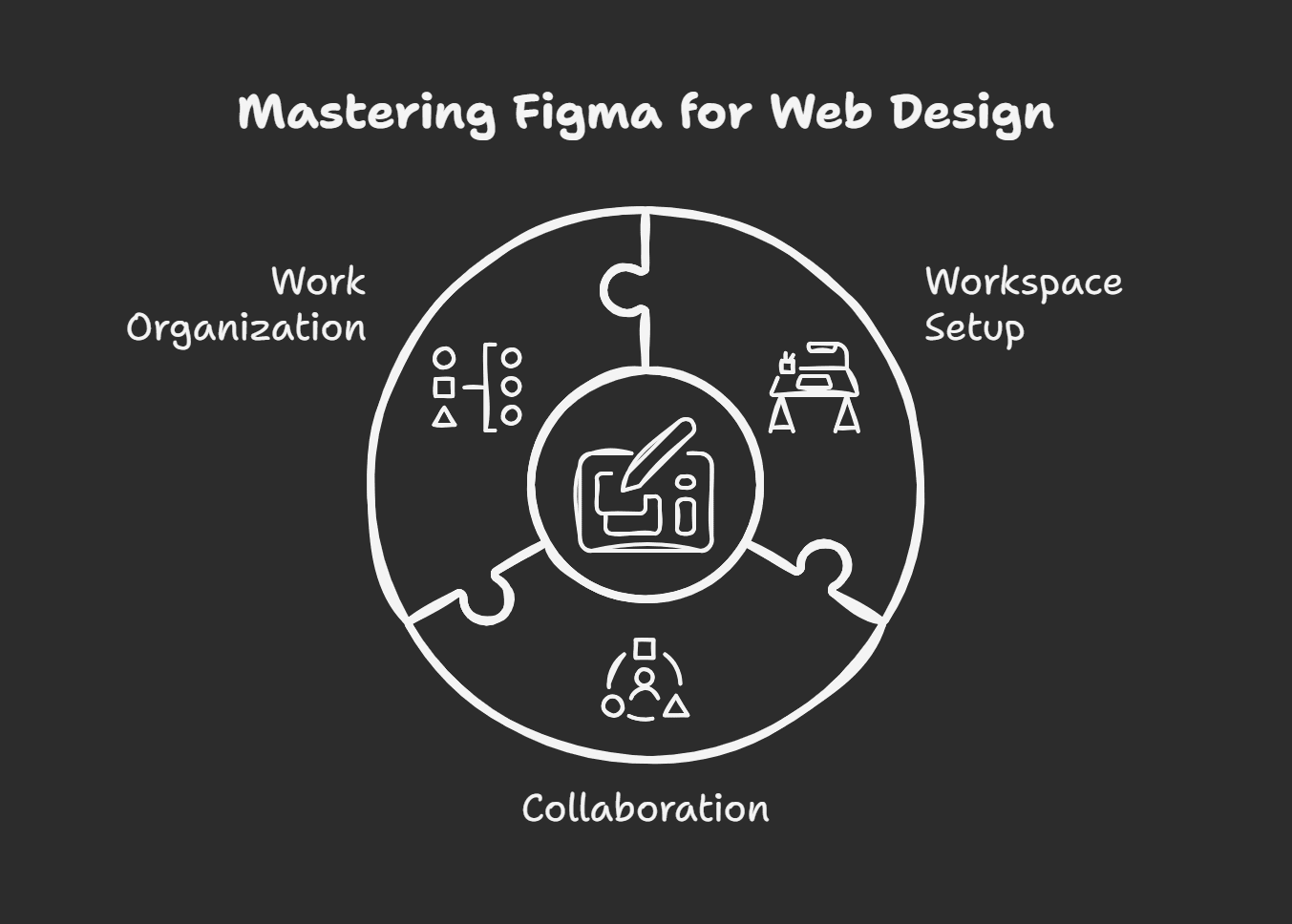Circular infographic on mastering Figma for web design, highlighting workspace setup, work organization, and collaboration with icons for design efficiency and team feedback.