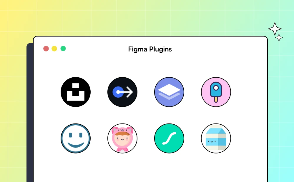 Figma Plugins interface with colorful icons for design tools, featuring a smiling face, cute character, and various design functionalities on a gradient background.