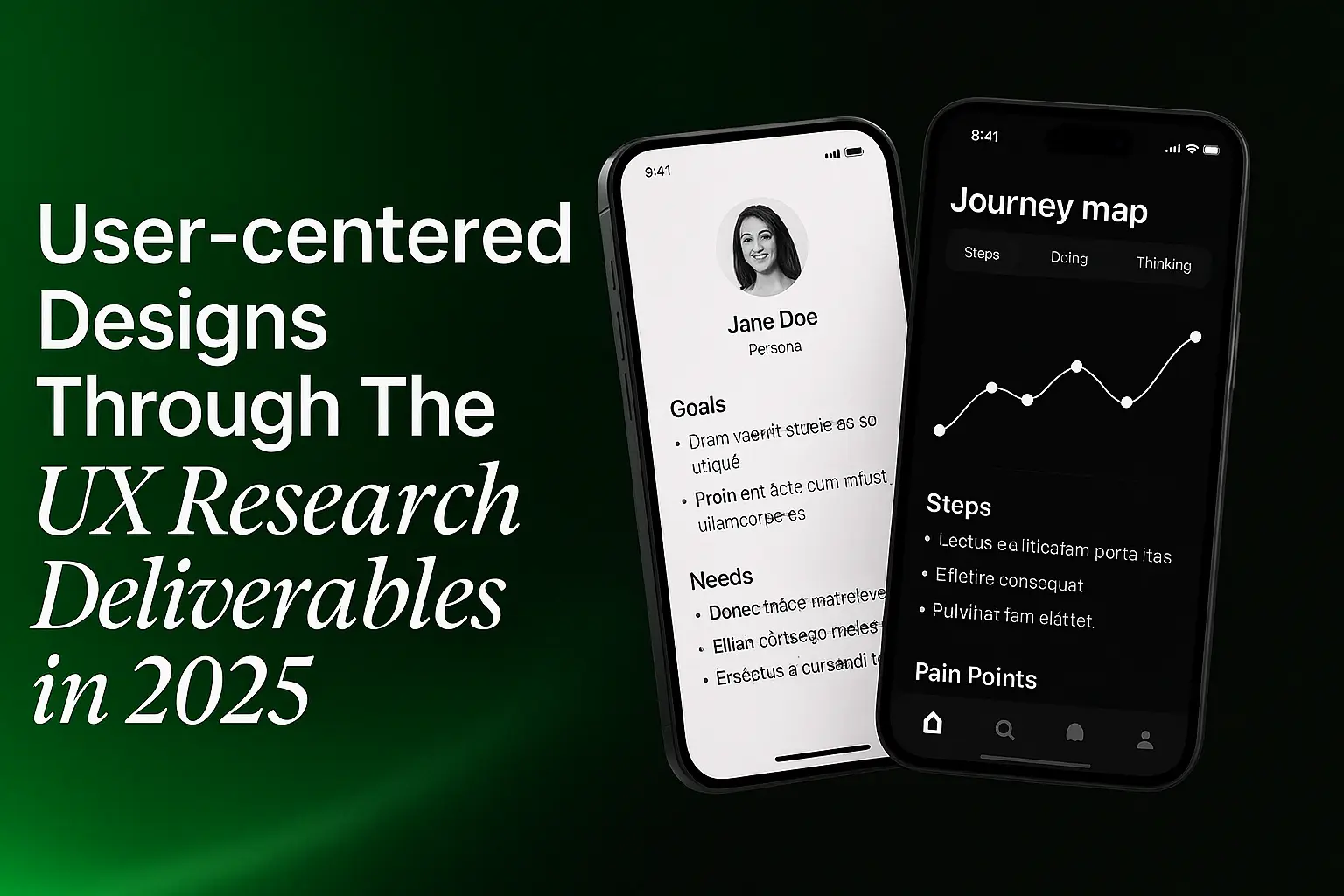 Mobile screens showing UX persona and journey map with text about user-centered UX research deliverables in 2025.