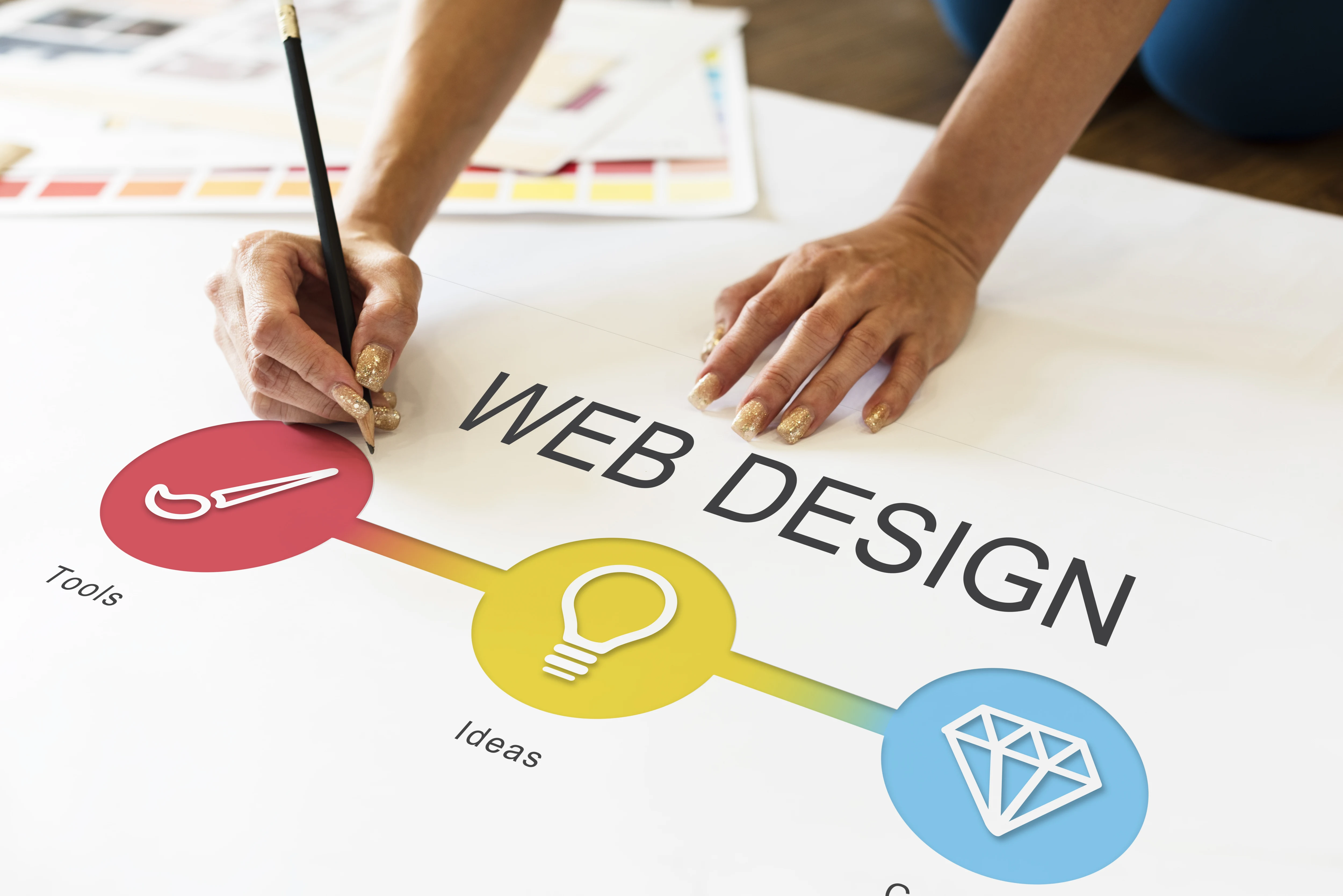 Person working on web design concept with icons for tools, ideas, and creativity on a planning board.