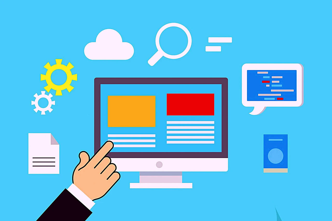 Illustration of website development with a hand clicking a computer screen, featuring icons for coding, search, cloud, and gears, symbolizing web design and optimization.