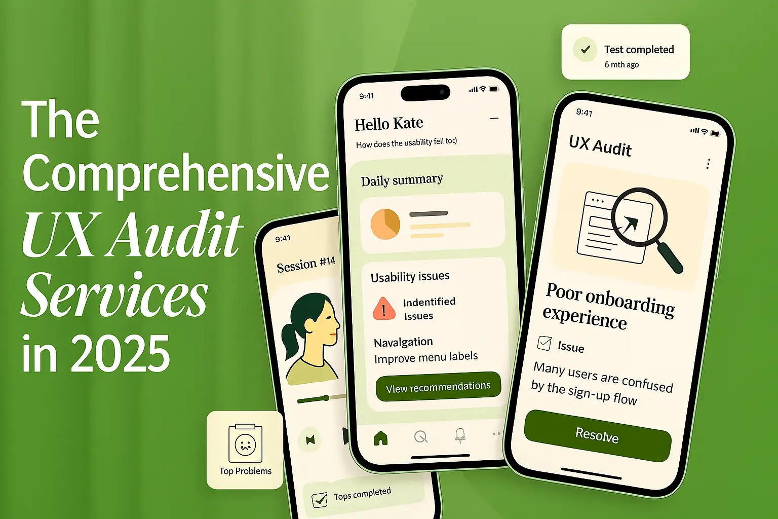 Illustration of mobile UI screens showcasing UX audit services, usability issues, and onboarding analysis in 2025.