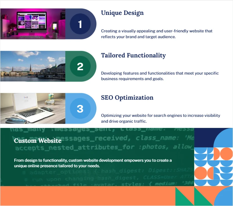 Infographic on custom website development with unique design, tailored functionality, and SEO optimization for a tailored online presence.