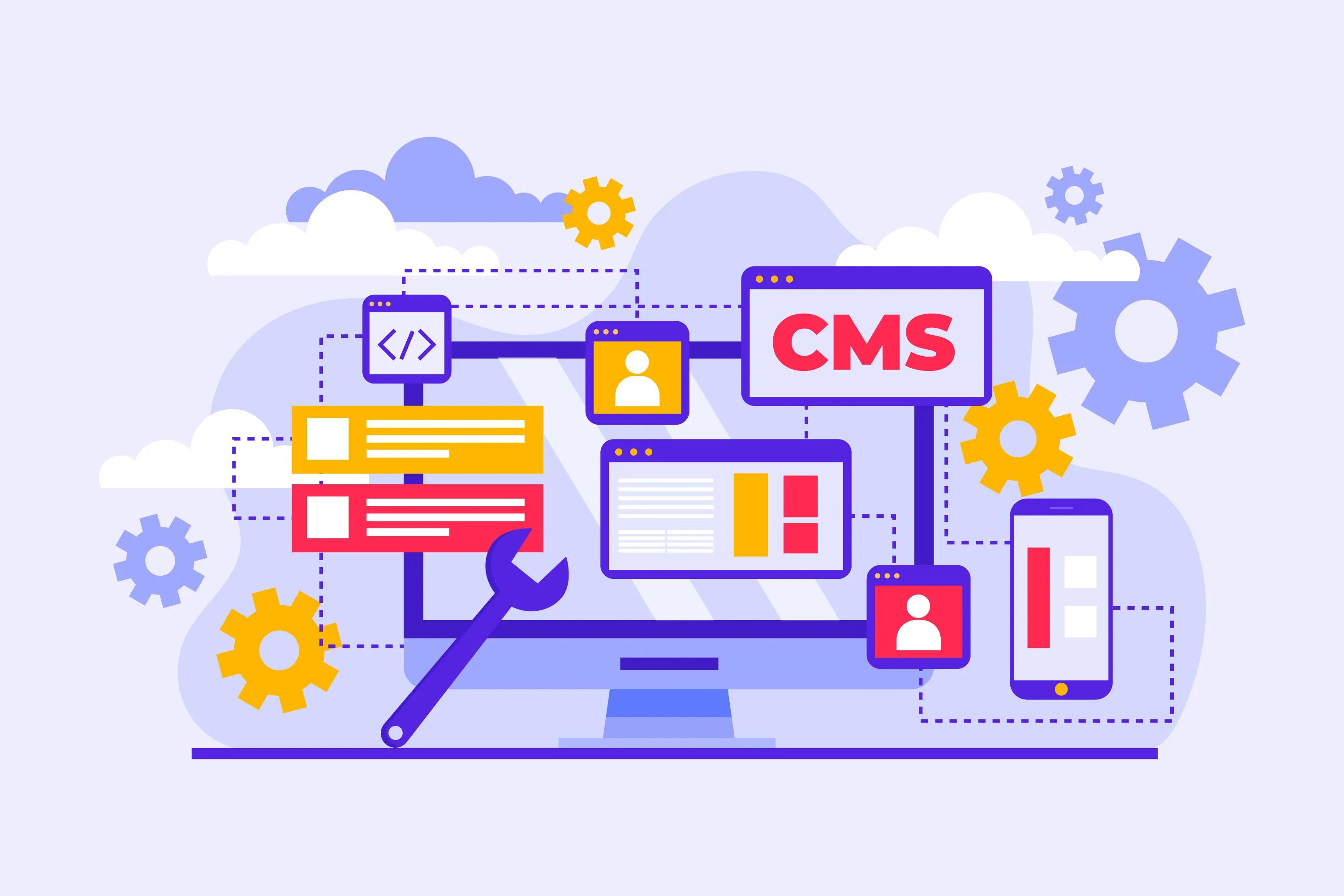 Illustration of CMS and custom website development with coding, gears, wrench, and mobile devices for website management and design.