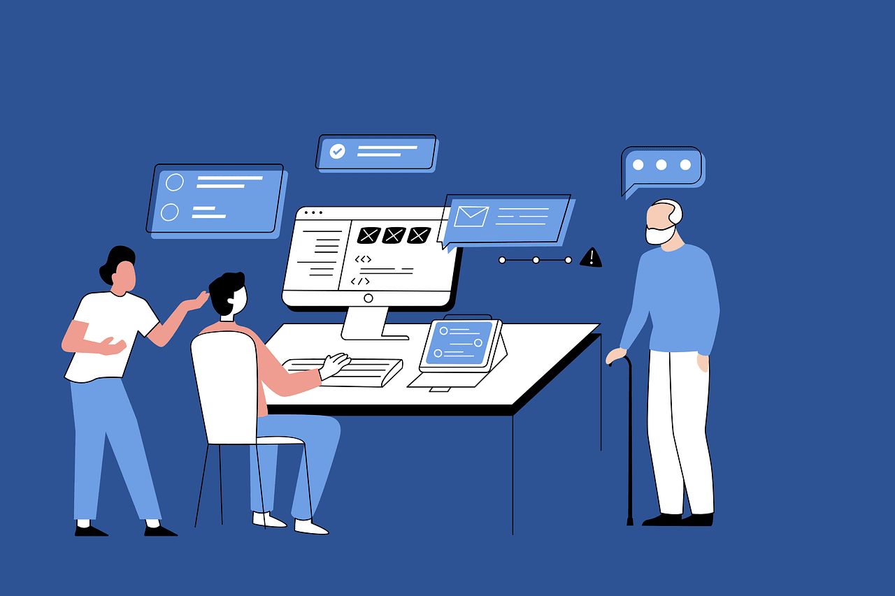 Illustration of a developer coding on a computer with a client and elderly person discussing website design and feedback in a modern office.