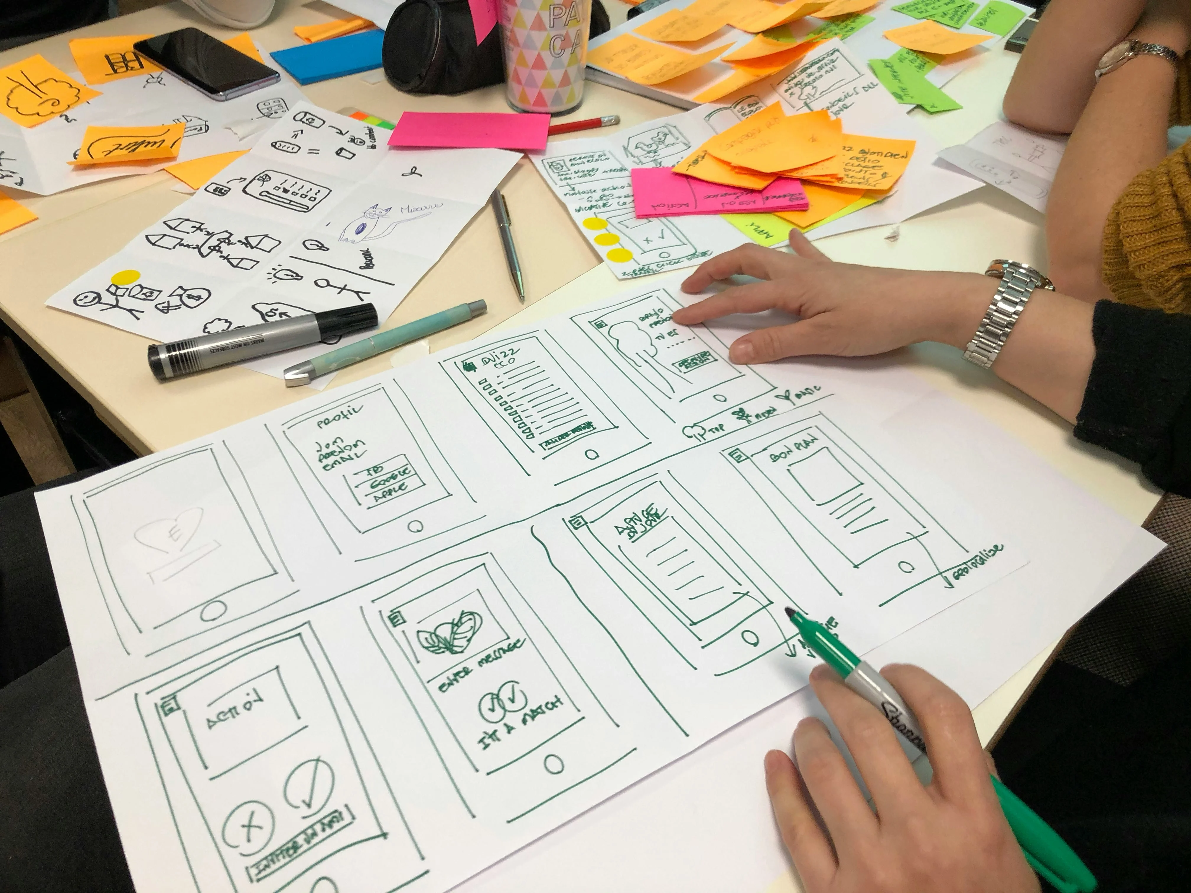 Responsive Design for Mobile Apps: Team sketching wireframes with sticky notes, pens, and smartphone on desk.