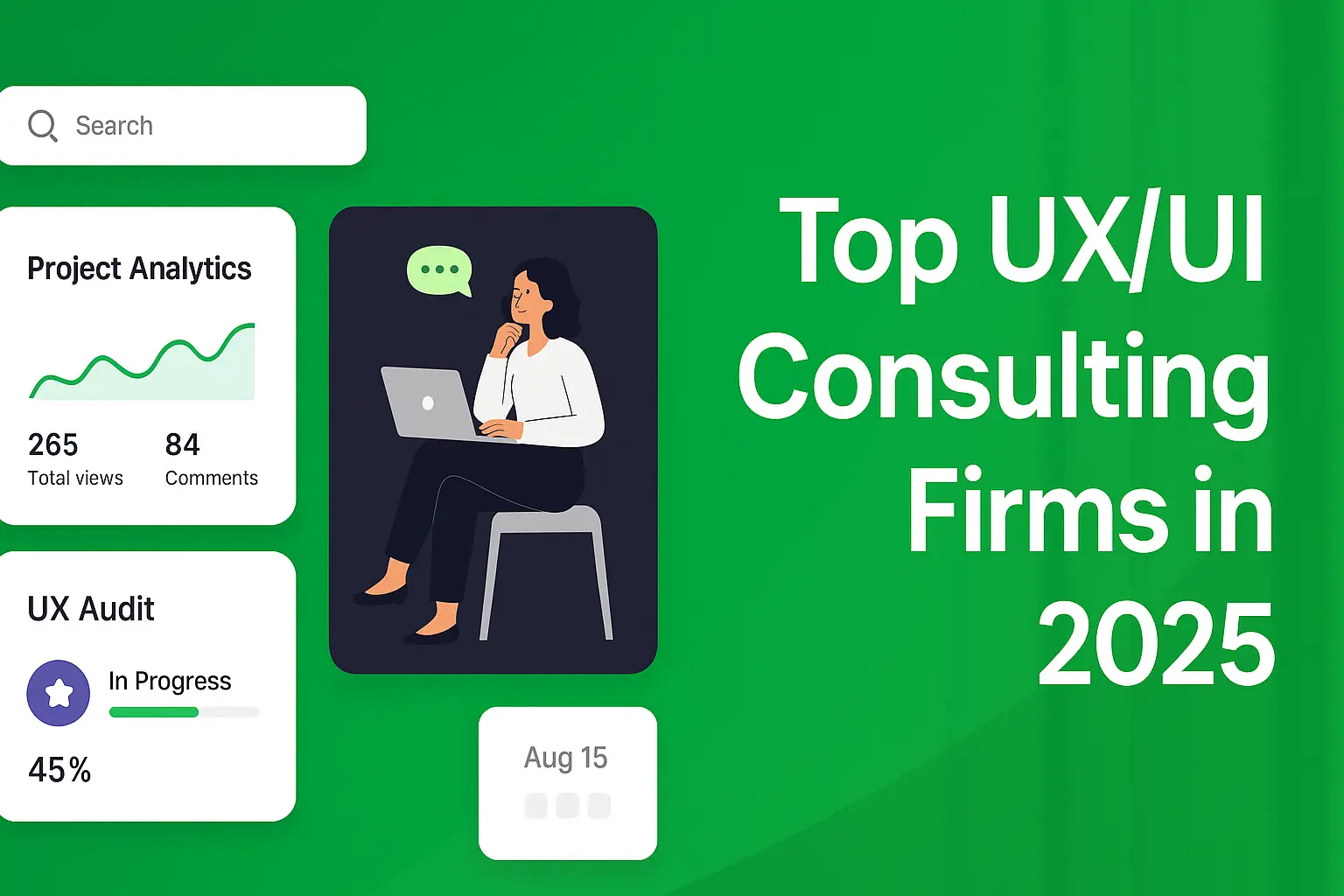 Top UX/UI Consulting Firms in 2025 graphic with a woman working on a laptop, project analytics showing 265 views and 84 comments, and a UX audit progress at 45%.