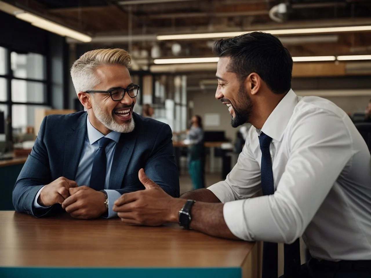 Two businessmen in a modern office discussing work, showcasing professional collaboration with UX/UI Consulting Service environment.