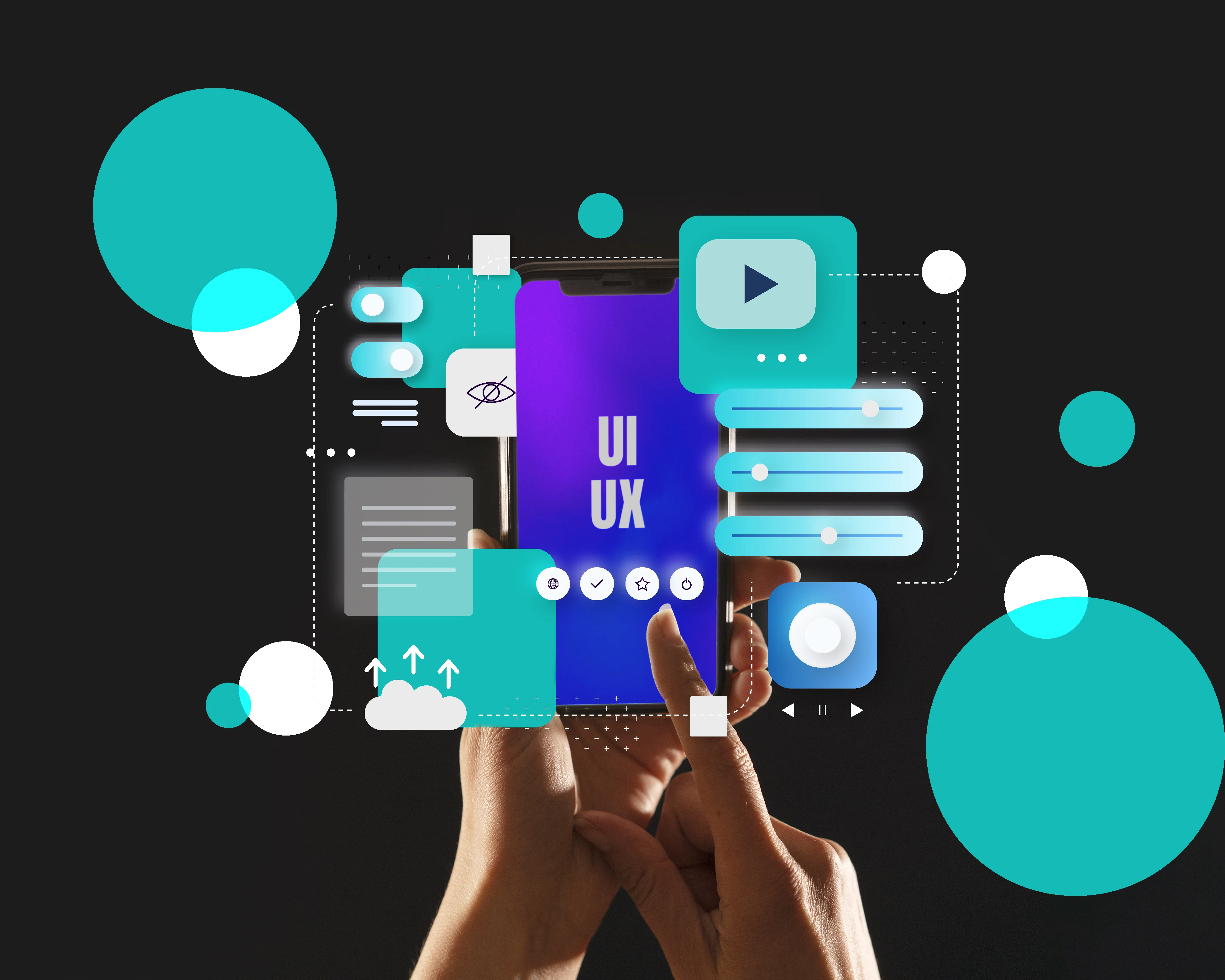Hands holding smartphone displaying UI/UX Design and Development interface for mobile applications.
