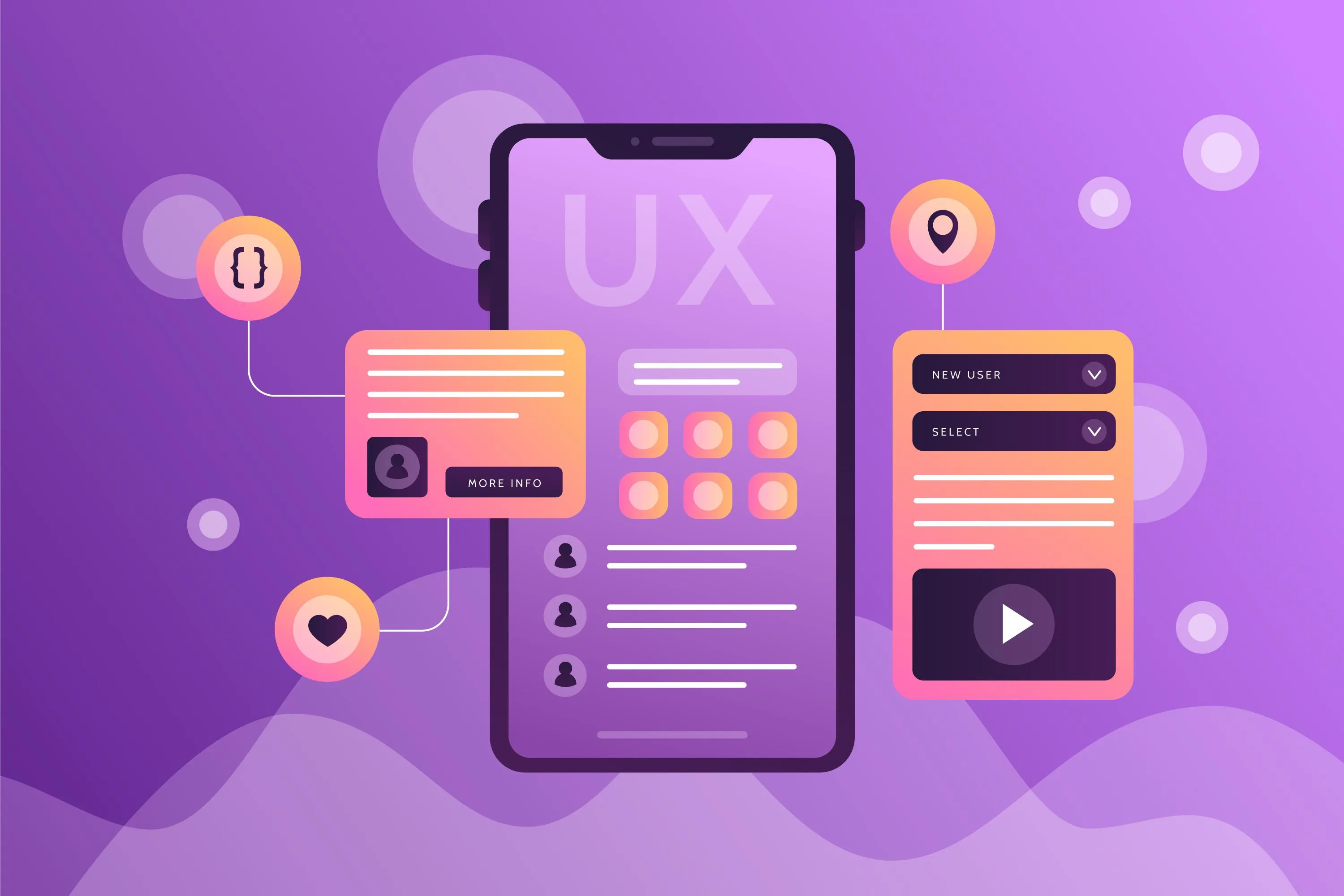 Illustration showing Accessibility in UX Design with mobile interface and interactive UI elements on purple background.