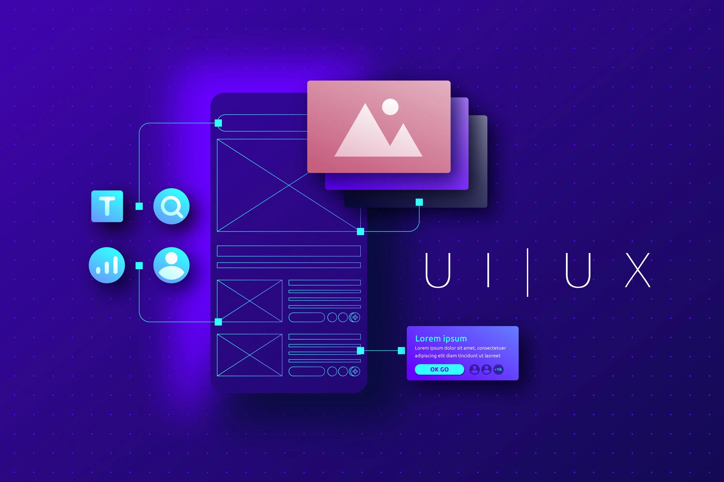 UI/UX Design and Development layout with wireframes, icons for text, search, and user, plus a placeholder image and lorem ipsum text on a vibrant purple background.
