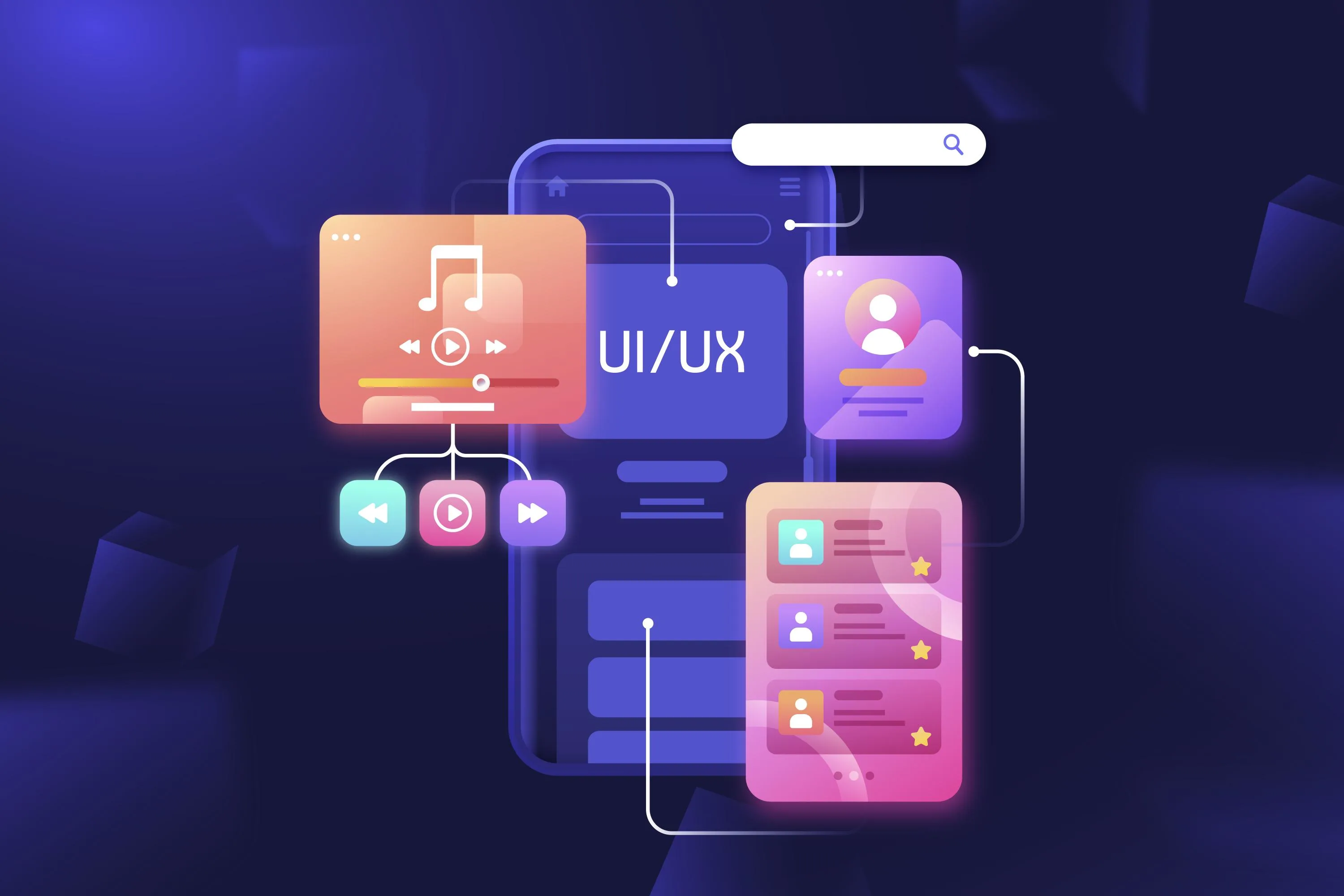 Smartphone with UI/UX Design and Development interface featuring music player, search bar, and user profile elements on a vibrant blue background.
