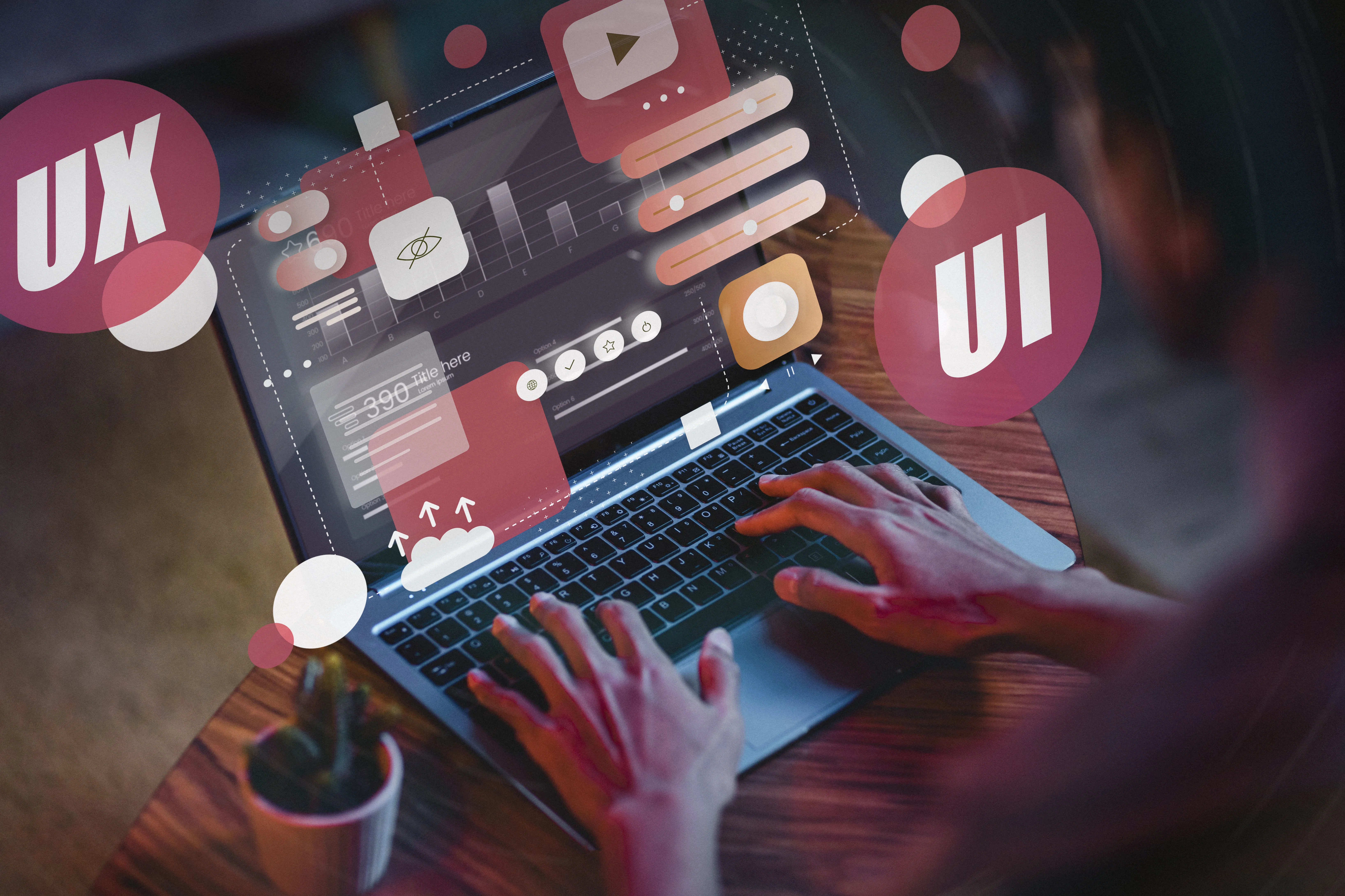 Person working on laptop with UI/UX Design and Development elements like charts, sliders, and video player floating above, showcasing creative digital workspace.