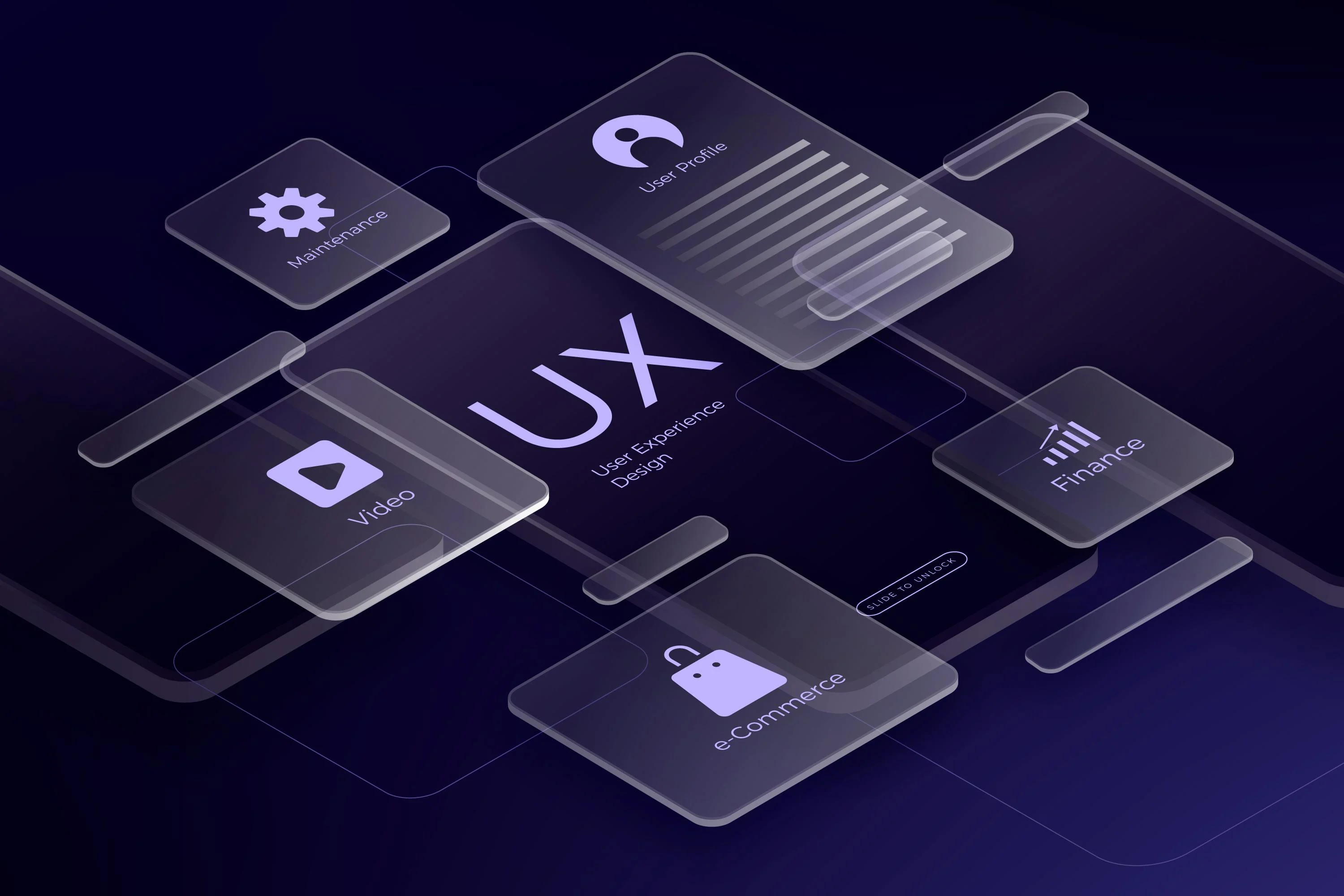 UX design interface with icons for User Profile, Video, eCommerce, Maintenance, and Finance, highlighting UI/UX Design and Development on a sleek purple background.