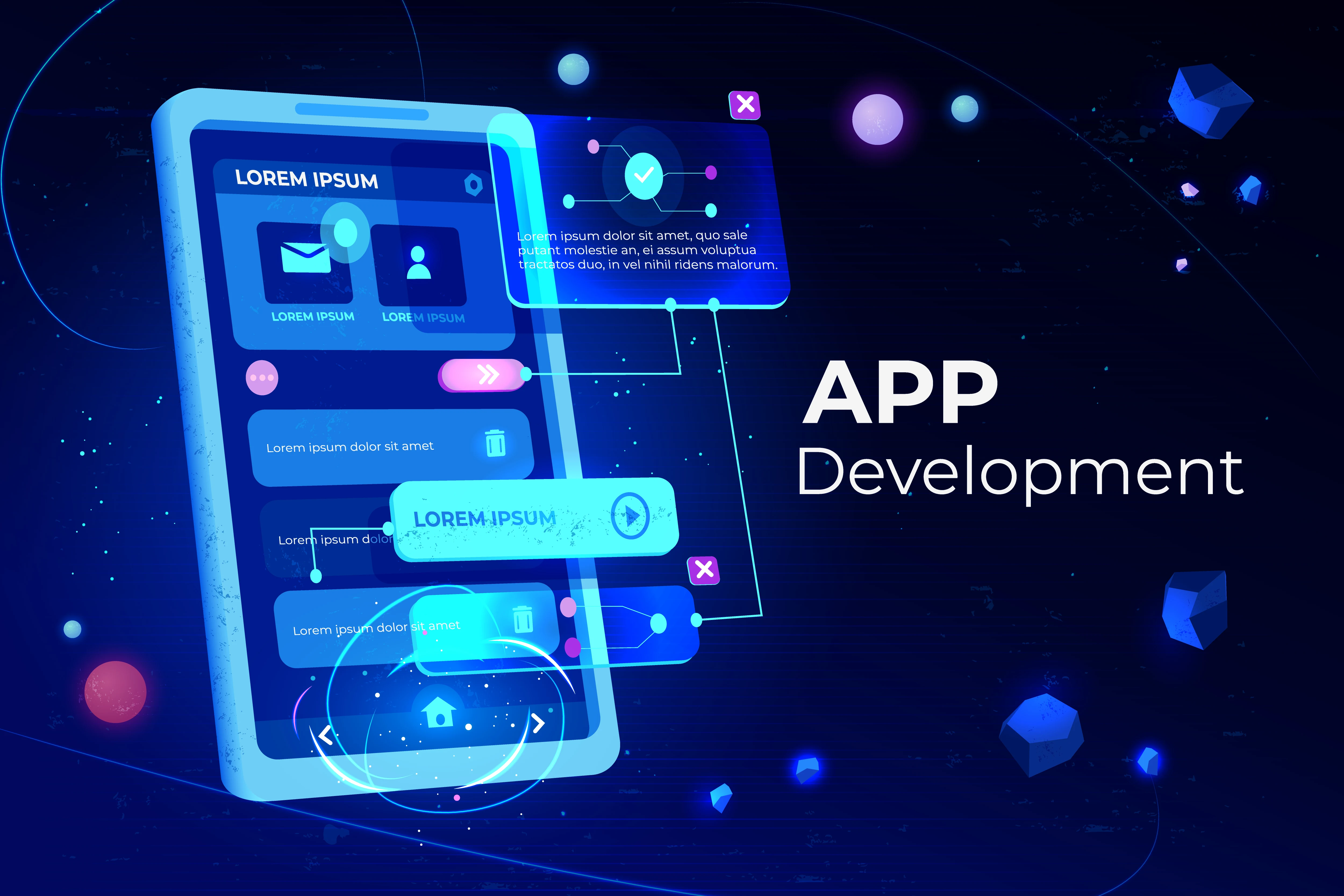 Futuristic app development illustration featuring a smartphone interface with icons and text, set against a cosmic background with floating geometric shapes.