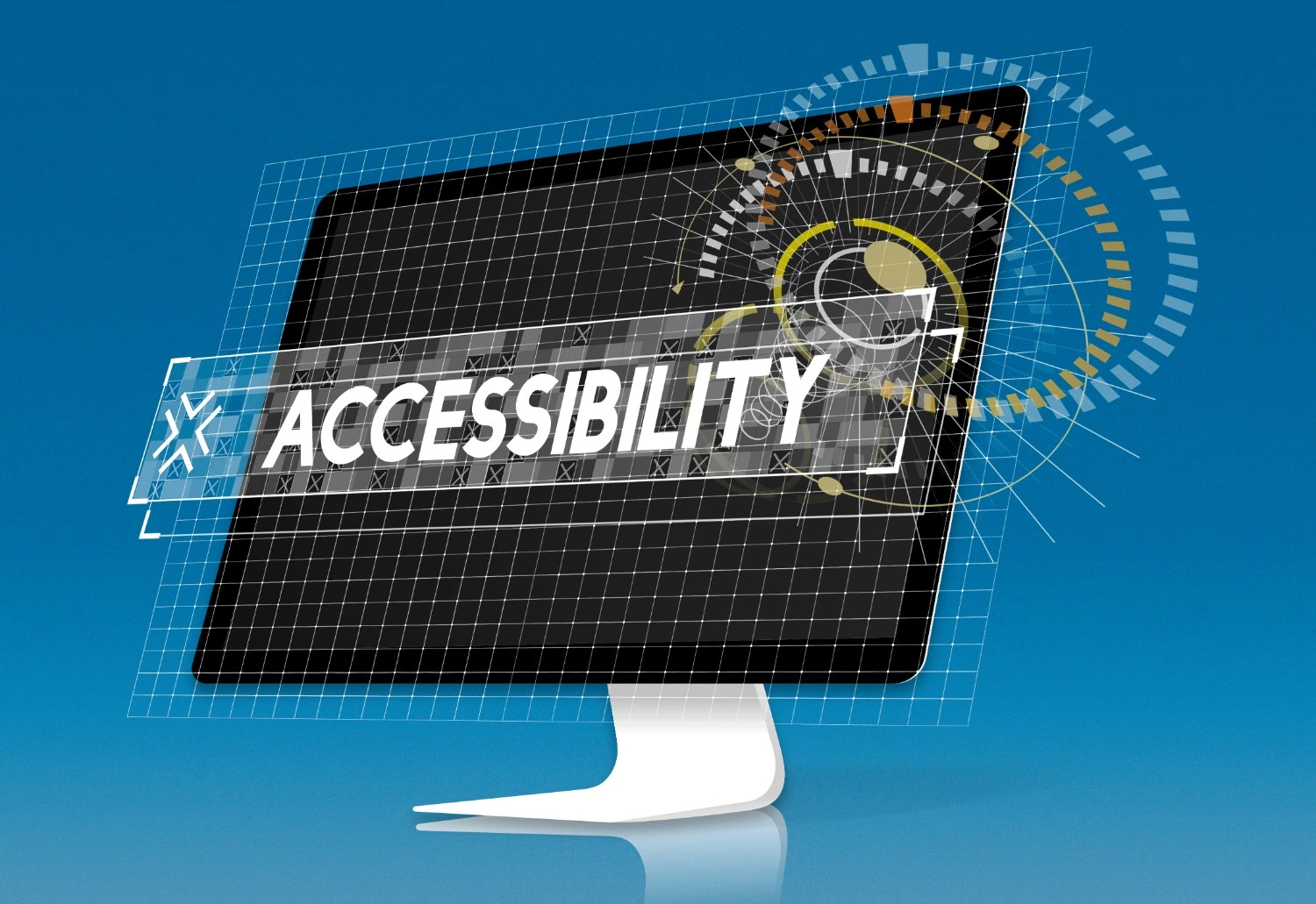 Futuristic monitor displaying Accessibility with digital grid and tech elements, highlighting modern UX design and inclusive technology.