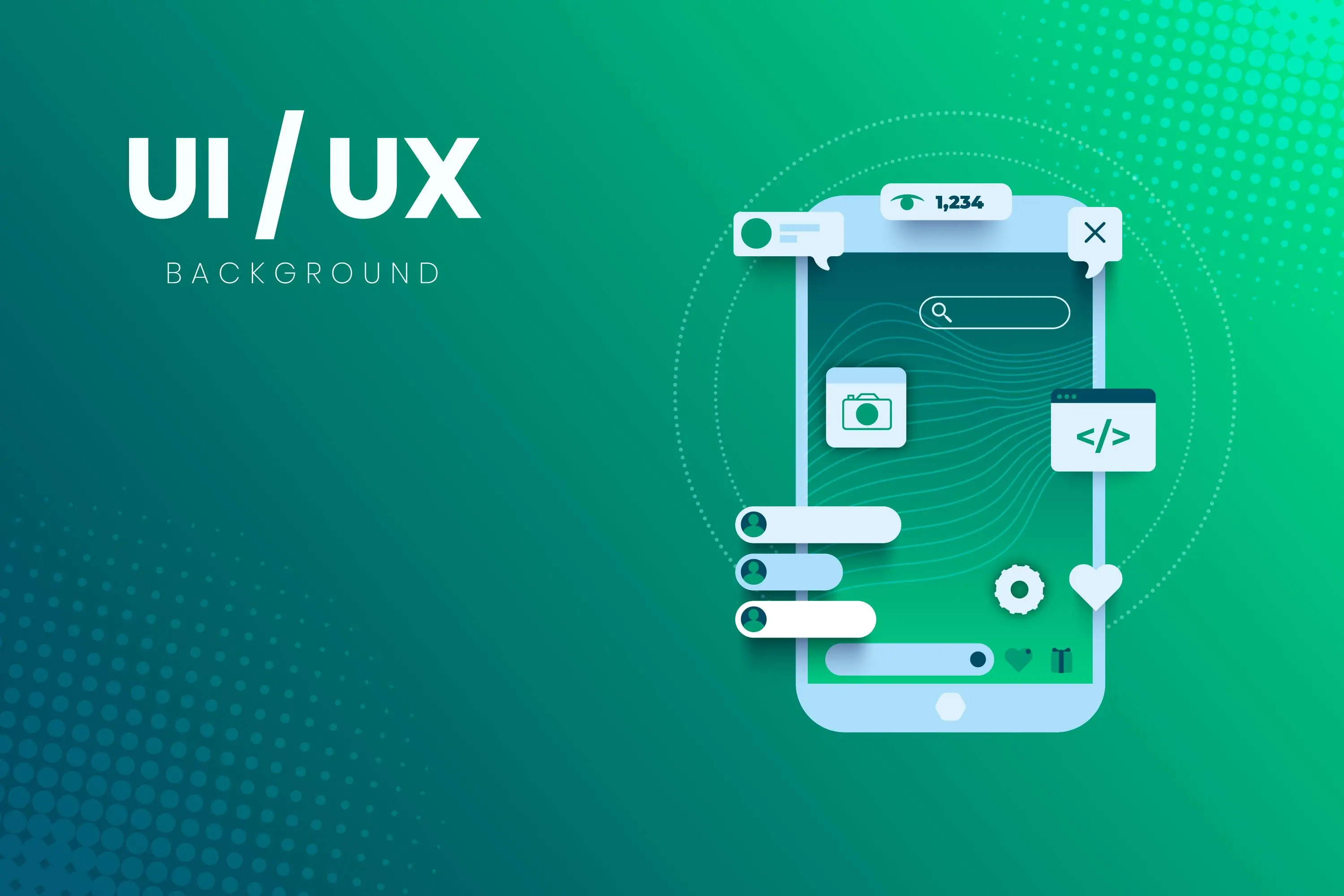 UI/UX background featuring a smartphone with icons for design, search, and messaging, highlighting Accessibility in UX Design concepts.