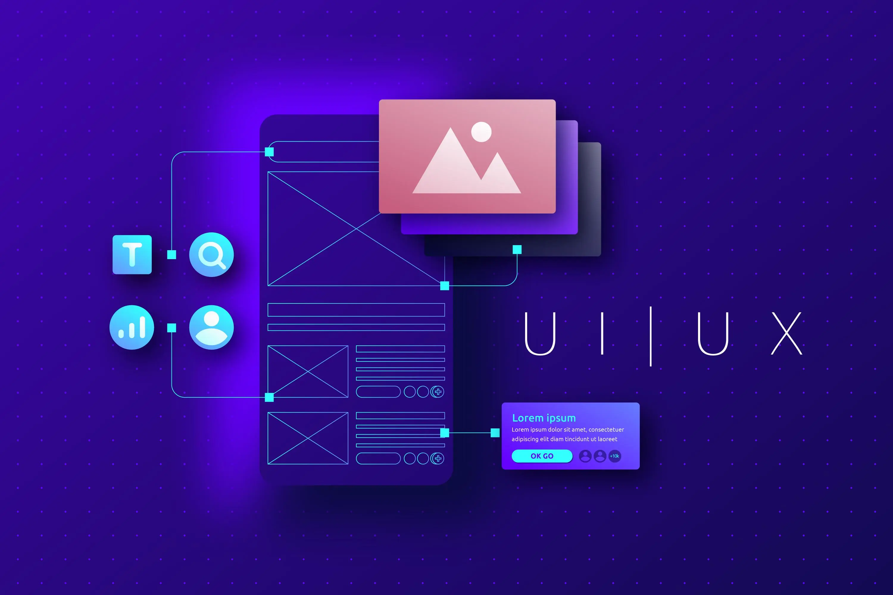 UI/UX design background with wireframe, icons for text, search, and user, highlighting Accessibility in UX Design development.