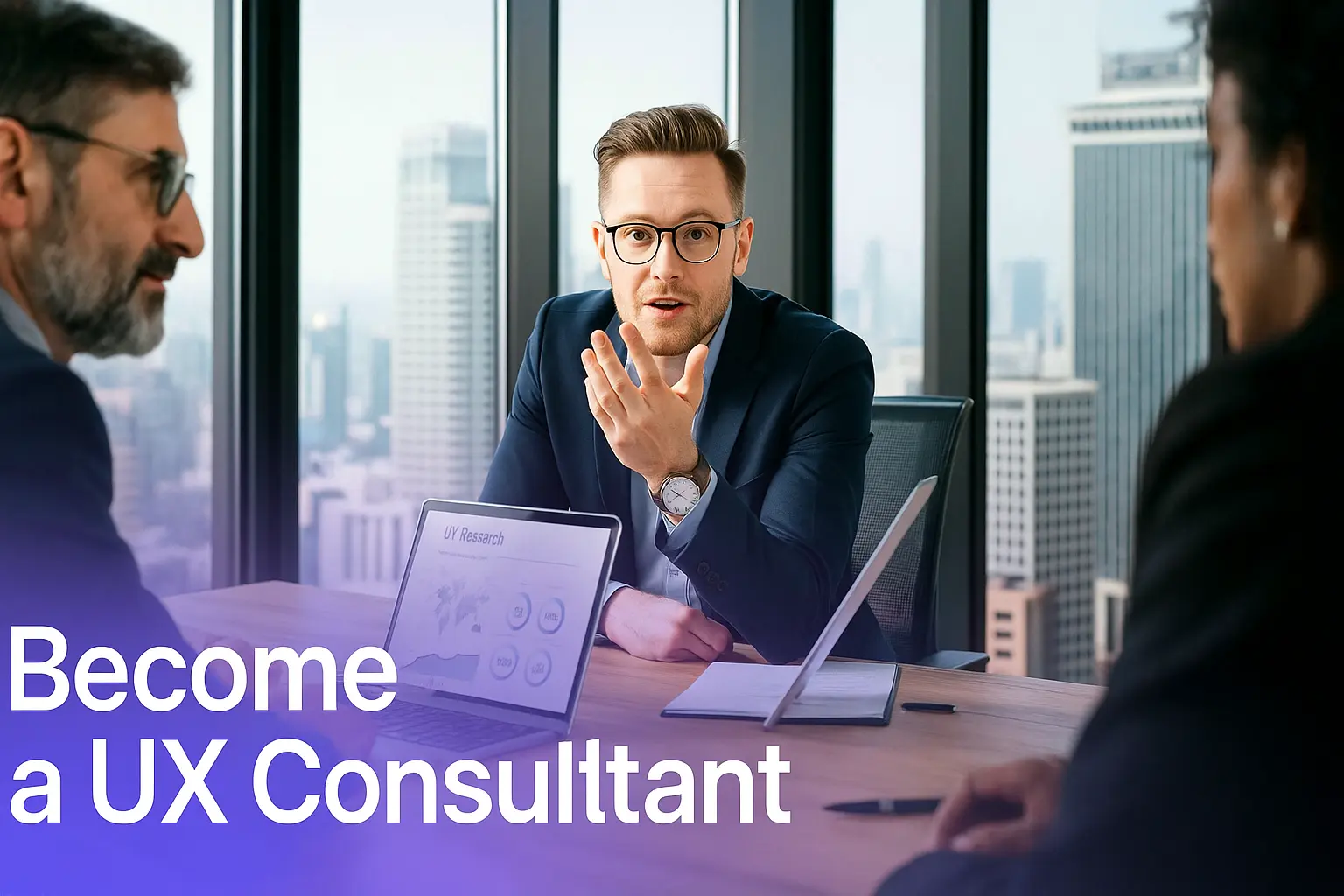 Professional team discussing UX research strategy in a modern office - become a UX consultant.