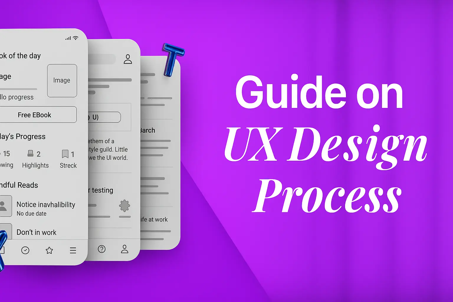 Illustration of mobile UI screens with text 'Guide on UX Design Process' on purple background.