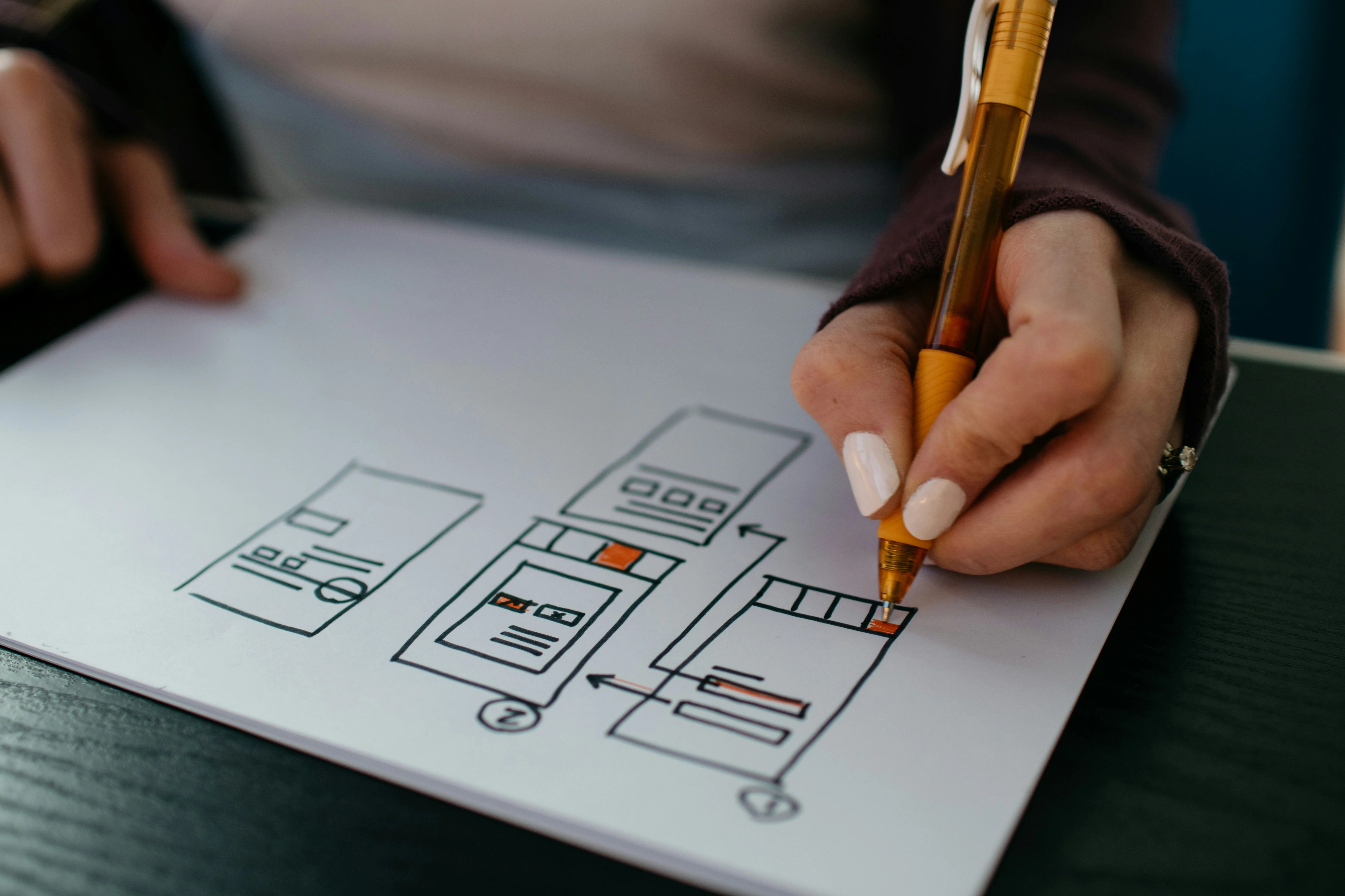 Close-up of a hand sketching a UX Design Process wireframe on paper with a pen, highlighting layout planning on a dark table.