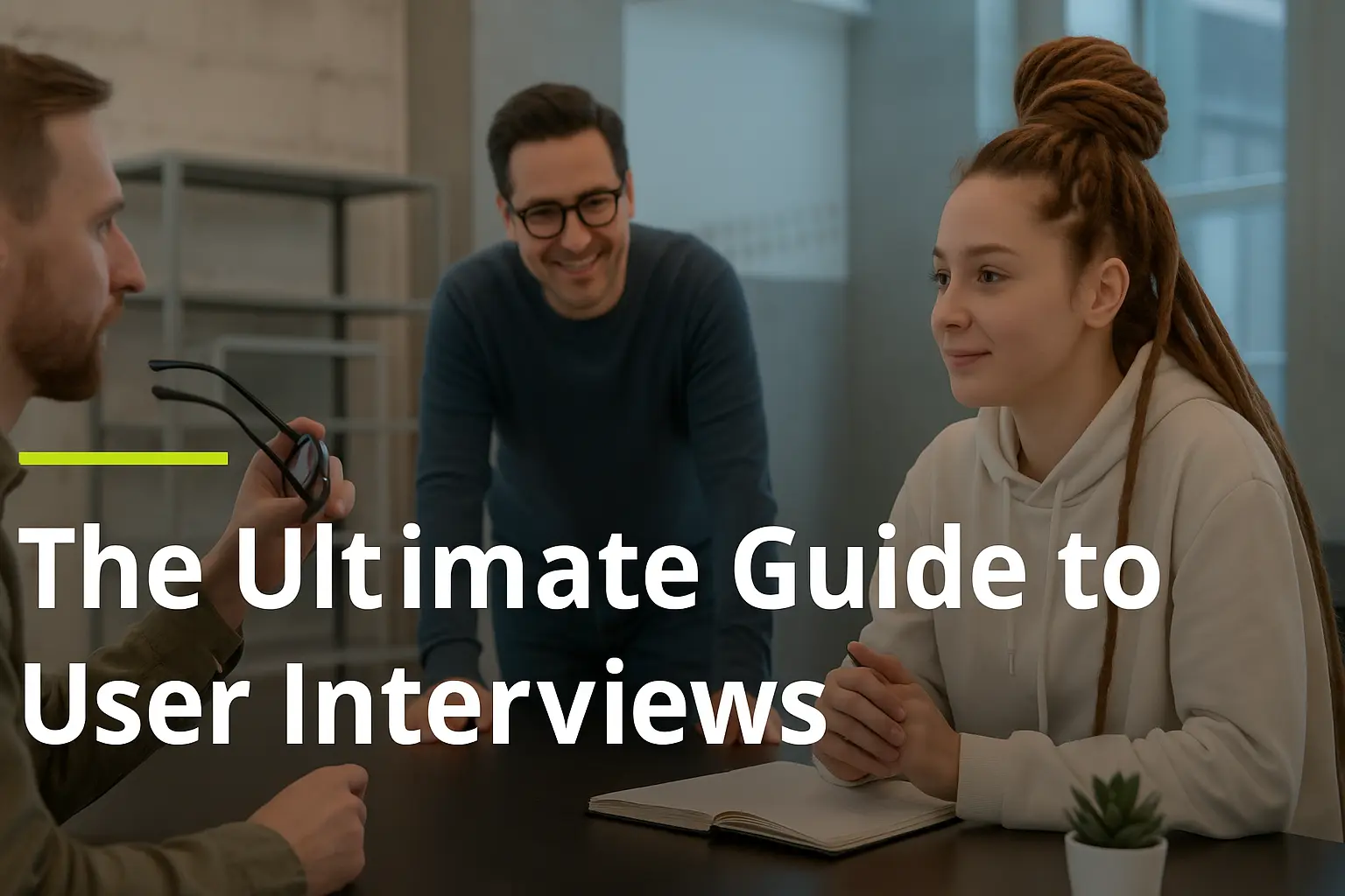 The Ultimate Guide to User Interviews featuring a diverse team in a modern office setting, discussing with a notebook and plant on the table.