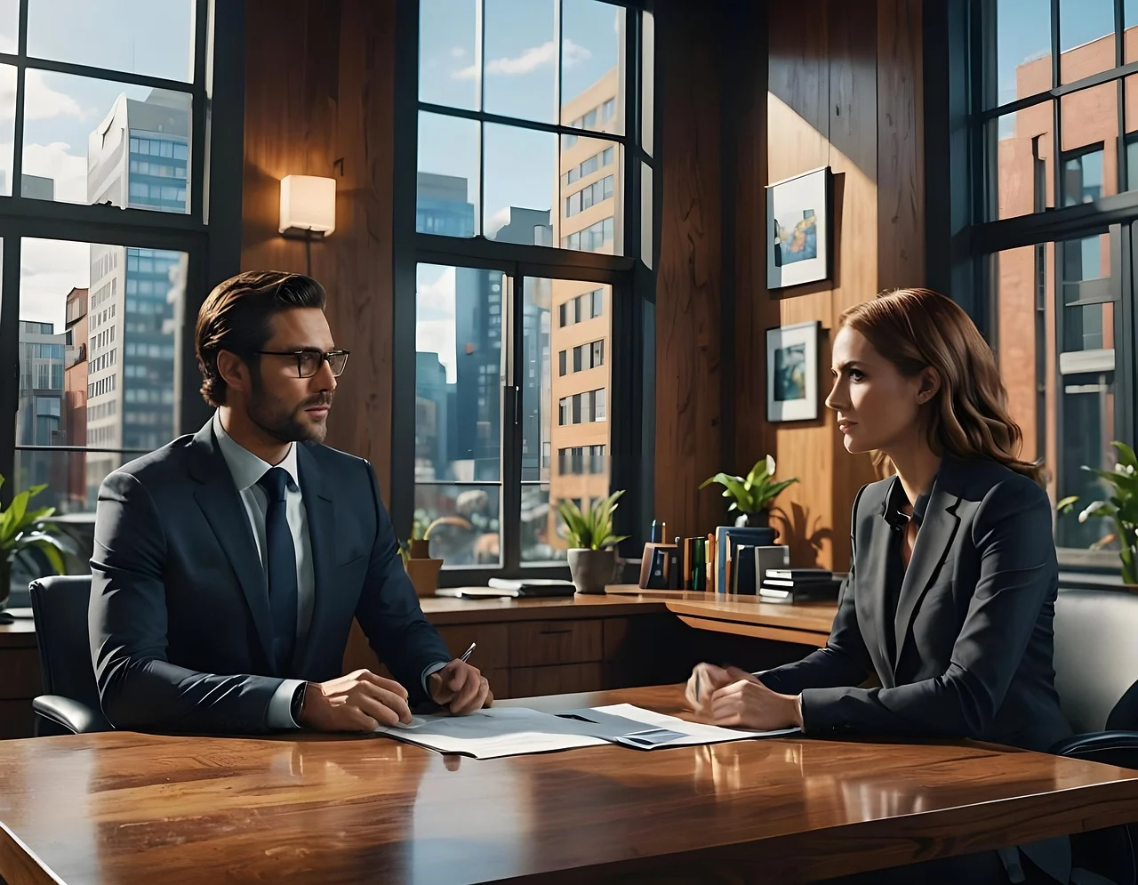 Professional User Interviews in a modern office with two people discussing documents, large windows, city skyline, wooden decor, and green plants.