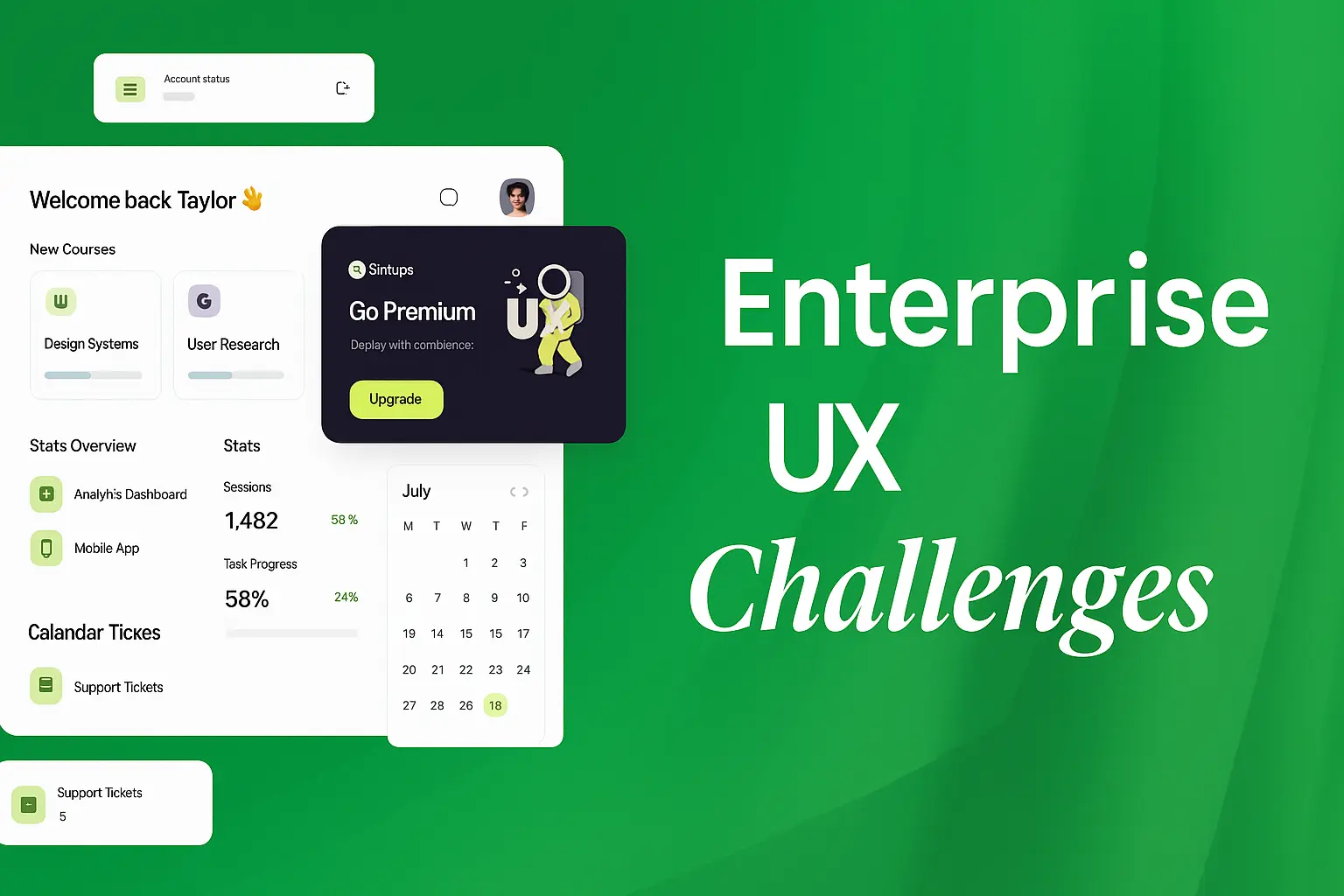 Enterprise UX challenges illustration showing dashboard UI, course stats, and premium upgrade prompt.
