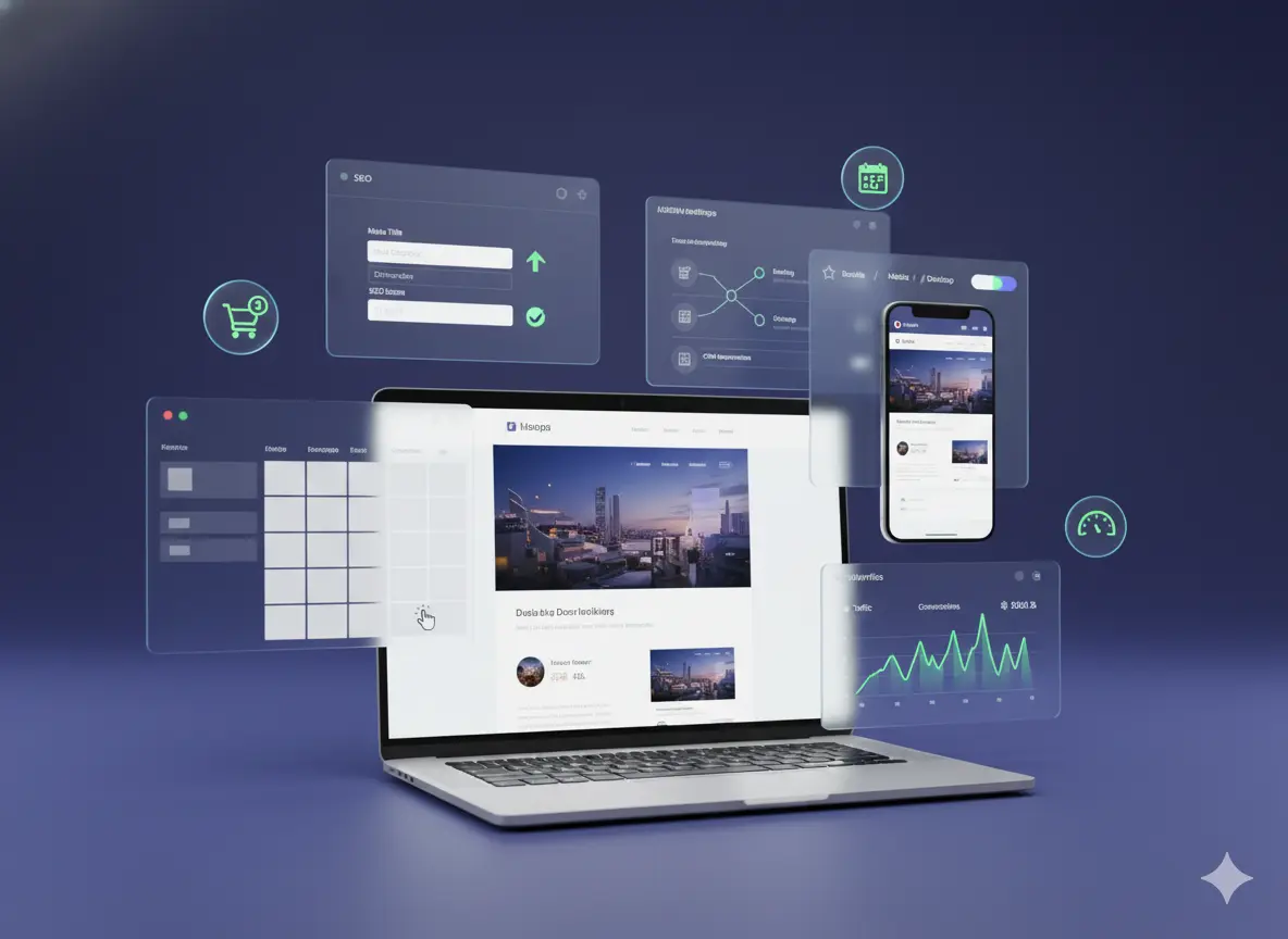 Laptop displaying a website builder interface with floating SEO, analytics, and mobile preview elements illustrating platform features.
