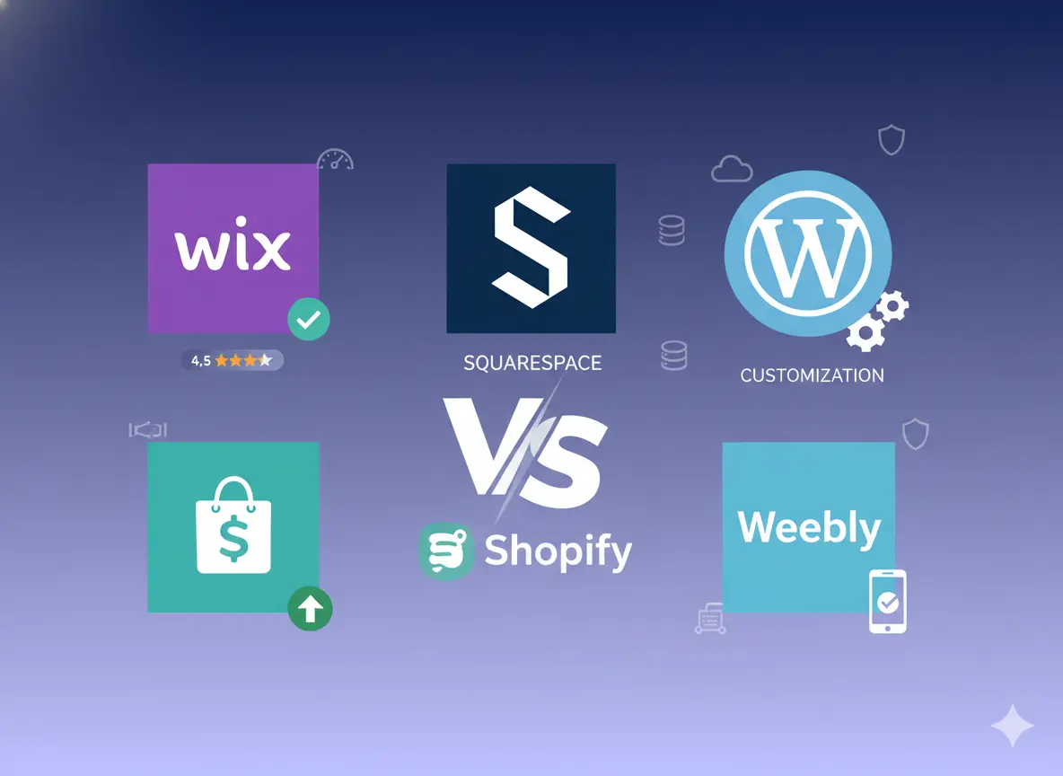 Comparison graphic showing Wix, Squarespace, WordPress, Shopify and Weebly logos for choosing the best website builder.