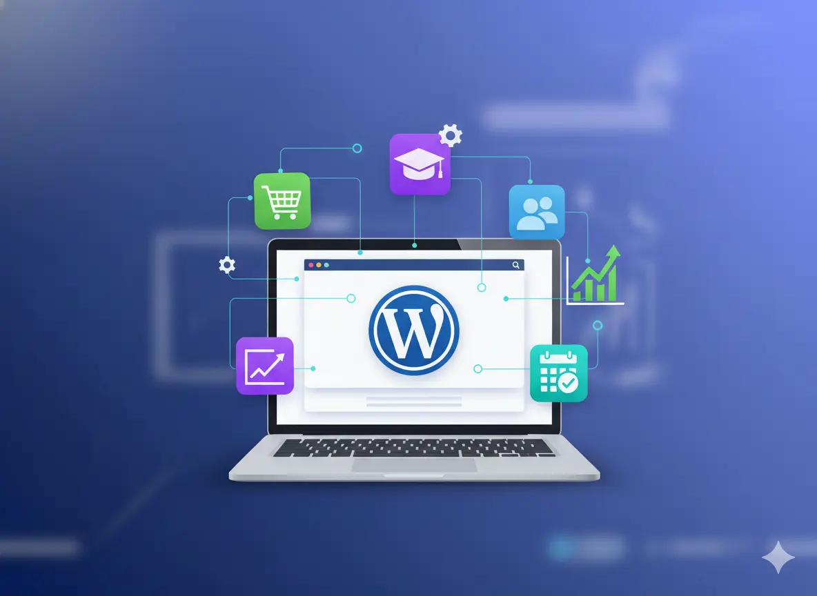 Laptop with WordPress logo surrounded by feature icons representing ecommerce, analytics, scheduling and customization capabilities.