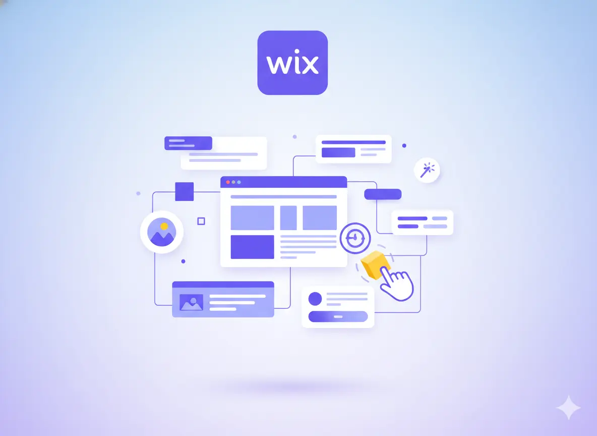 Wix logo above a drag-and-drop website editor interface showing content blocks and customization options.
