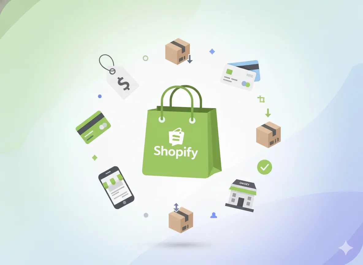 Shopify shopping bag surrounded by ecommerce icons like payments, shipping, and storefronts highlighting online selling features.