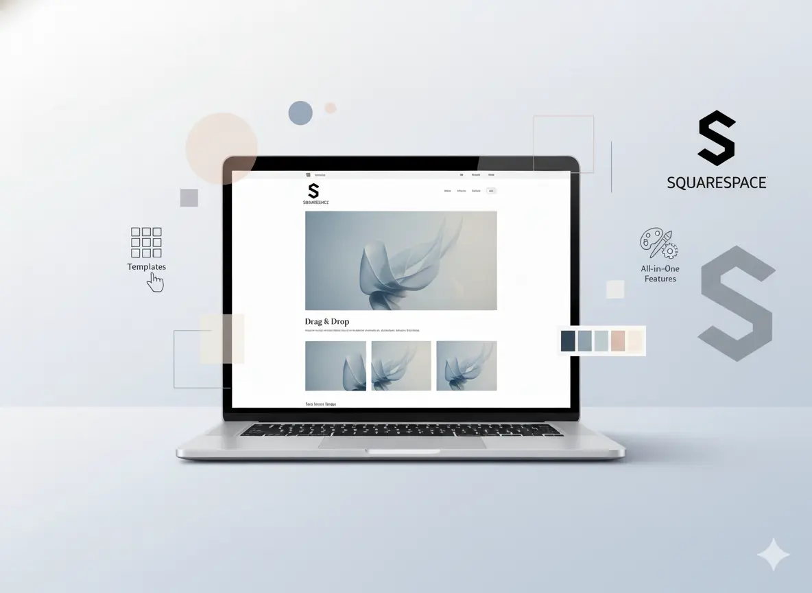 Laptop showing Squarespace website editor with drag-and-drop templates and design customization features.