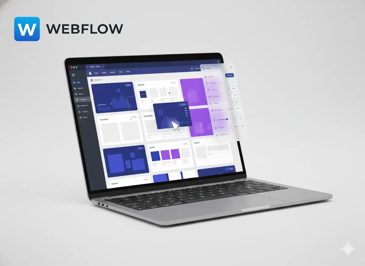Laptop displaying Webflow visual editor with drag-and-drop layout and design customization controls.
