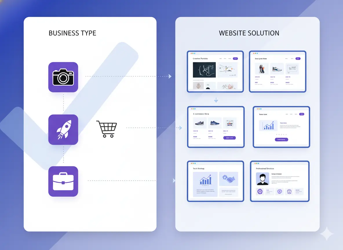 Diagram showing business types matched to website layout solutions like portfolio, ecommerce and service site templates.
