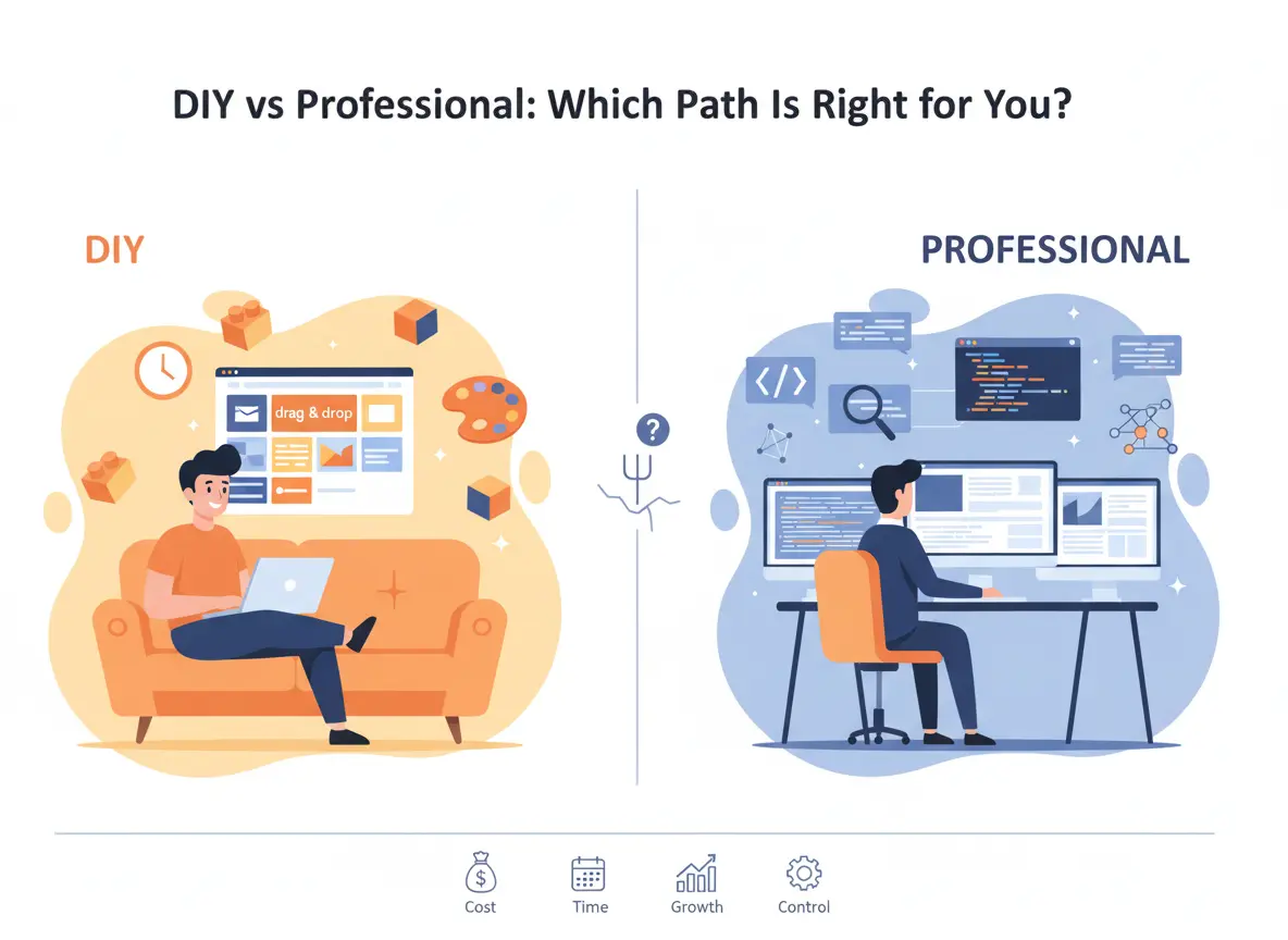 Illustration comparing DIY website building with drag-and-drop tools versus hiring a professional developer working with code.