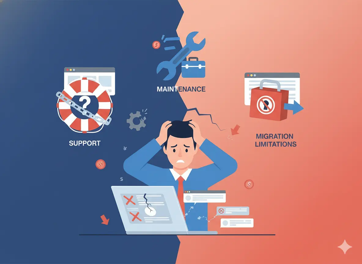 Illustration of a frustrated user facing website builder issues like poor support, maintenance needs and migration limitations.