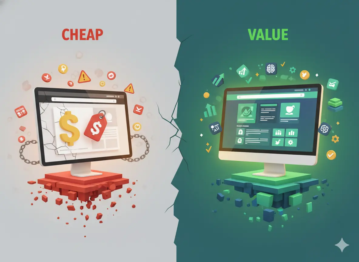 Comparison graphic showing a broken cheap website versus a feature-rich value website to highlight why quality matters.
