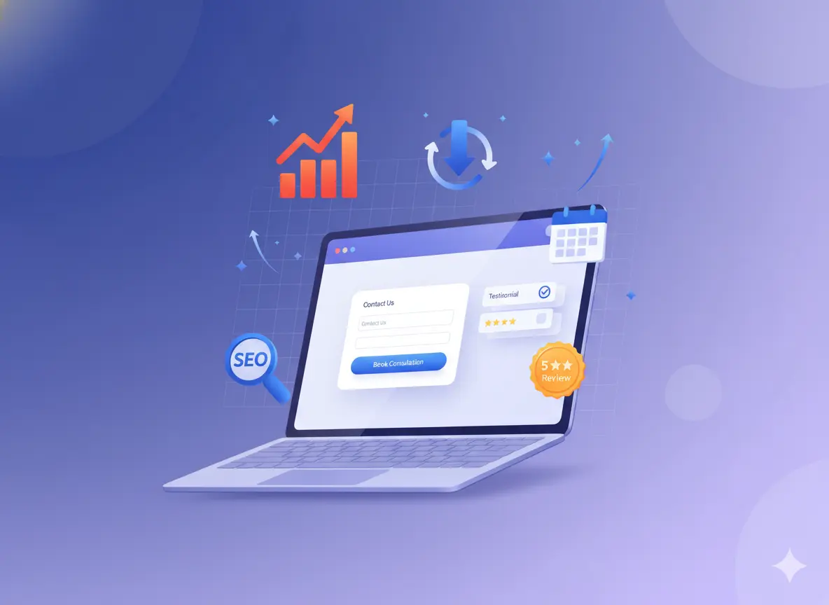 Laptop showing website form with SEO, growth and performance icons highlighting optimization for conversions and visibility.