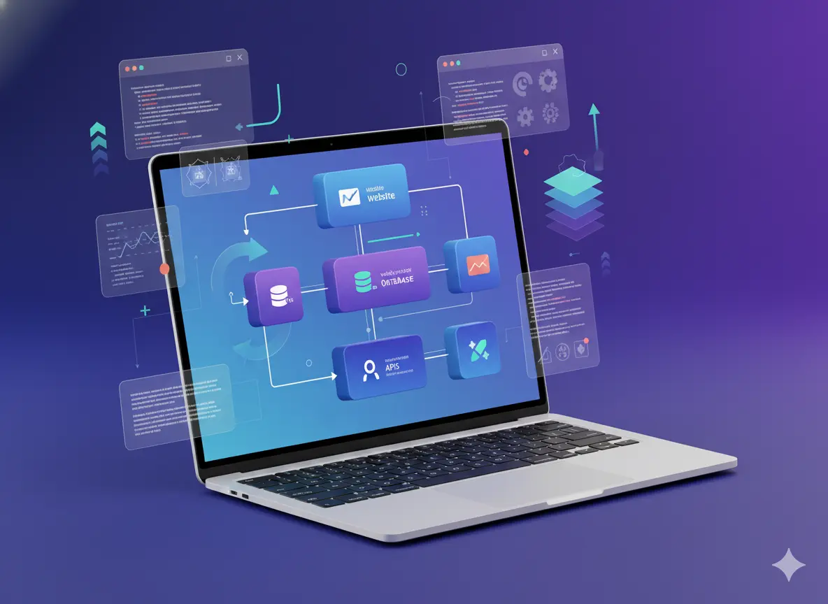 Laptop showing website system architecture with database, APIs and analytics blocks illustrating how website builders integrate features.